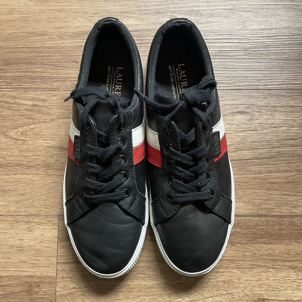 Lauren Ralph Lauren Sneakers 9 Black Leather Red White Stipe Janson  Preppy